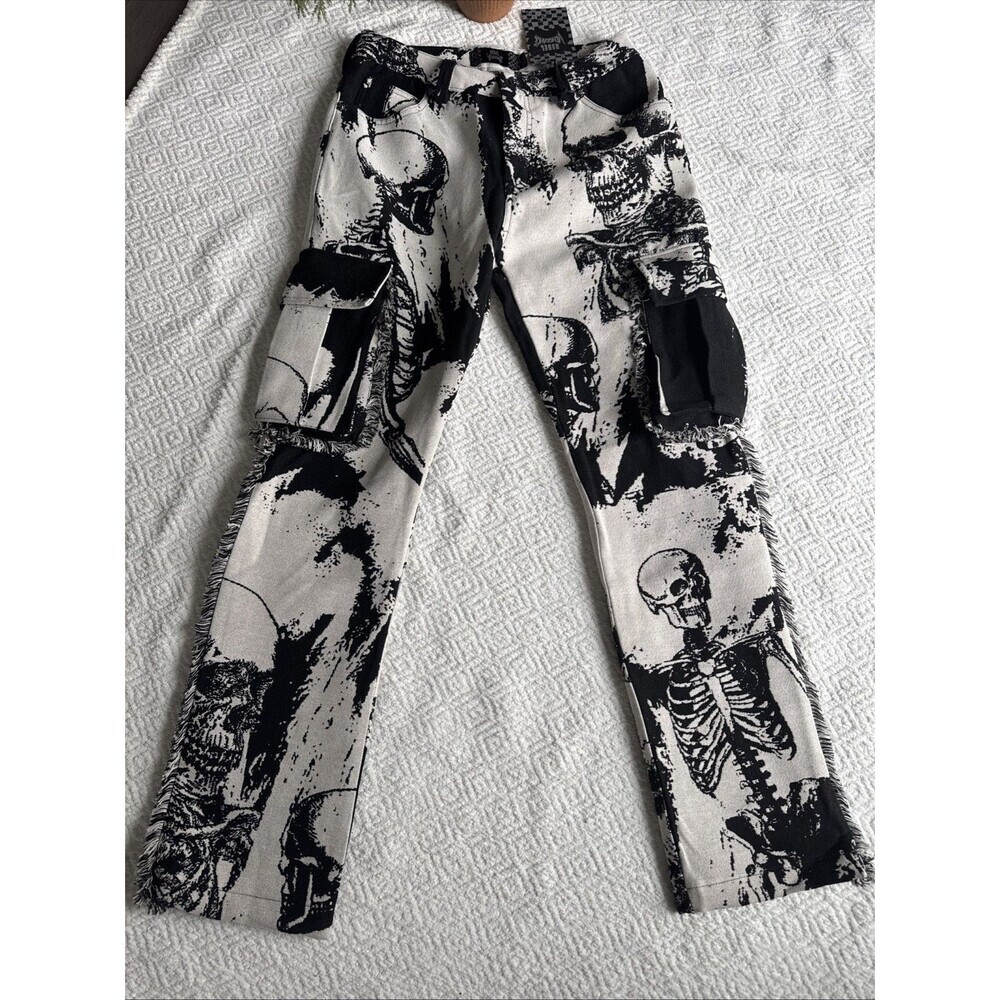 NWT REBEL Skeletons  Thick Tapestry 7-Pkt Clay Black Fringed Pants Men's Sz 28